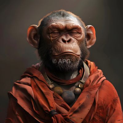 Meditierender Schimpanse in Robe und Perlenkette